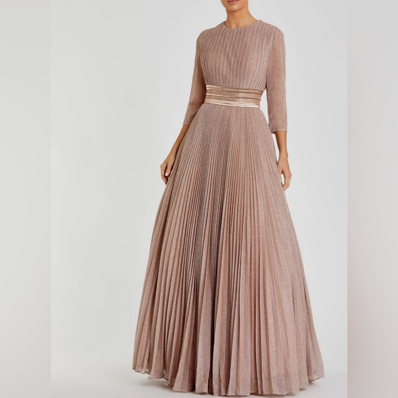 MAC DUGGAL SHIMMERING PLEATED A-LINE 3/4 SLEEVE GOWN - ROSE GOLD - Picture 5 of 16